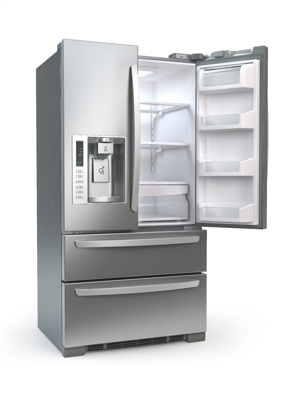 Stainless steel refrigerator with its door open